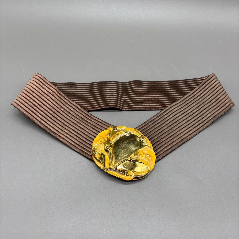 Vintage Georgiou Stretch Belt Art Nouveau Gold Tone Calla Lily Cinch Waist Wide